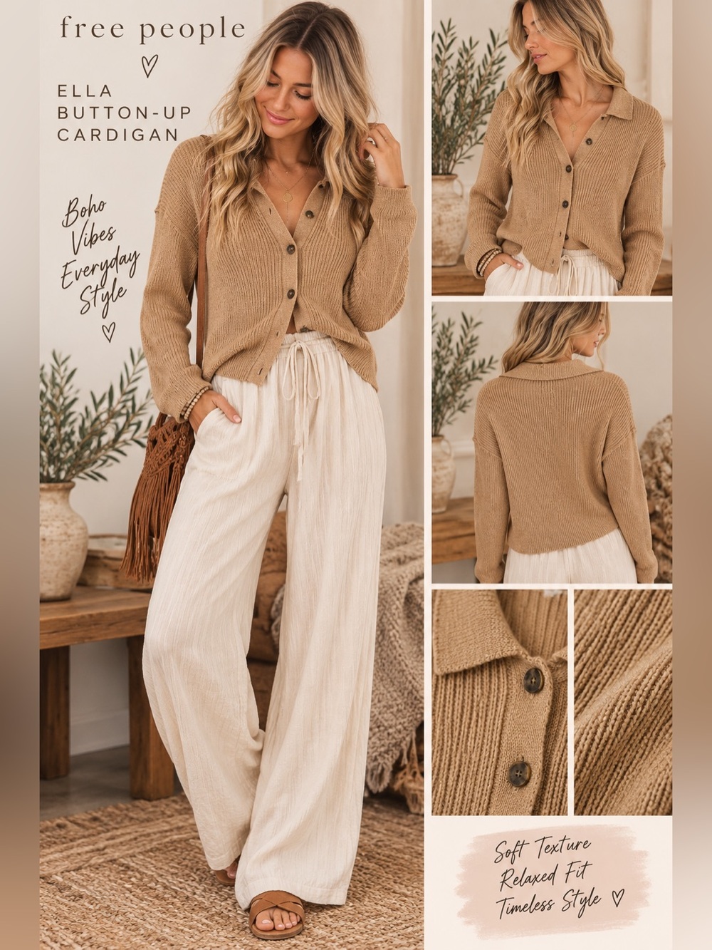 NWT Free People Ella Tan Button-Up Cardigan